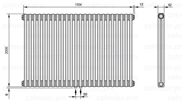 Схема (чертеж) Радиатор Zehnder Charleston 2200/24 №3470 Белый глянцевый RAL 9016